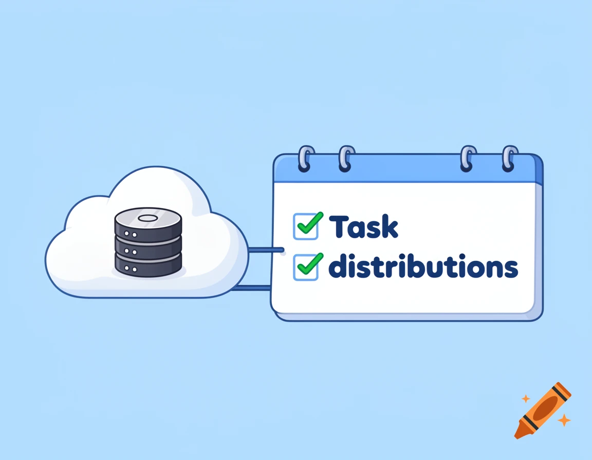 Cartoon illustration of a cloud server connected to a task board showing a checklist with 'Task distributions' on a blue background.