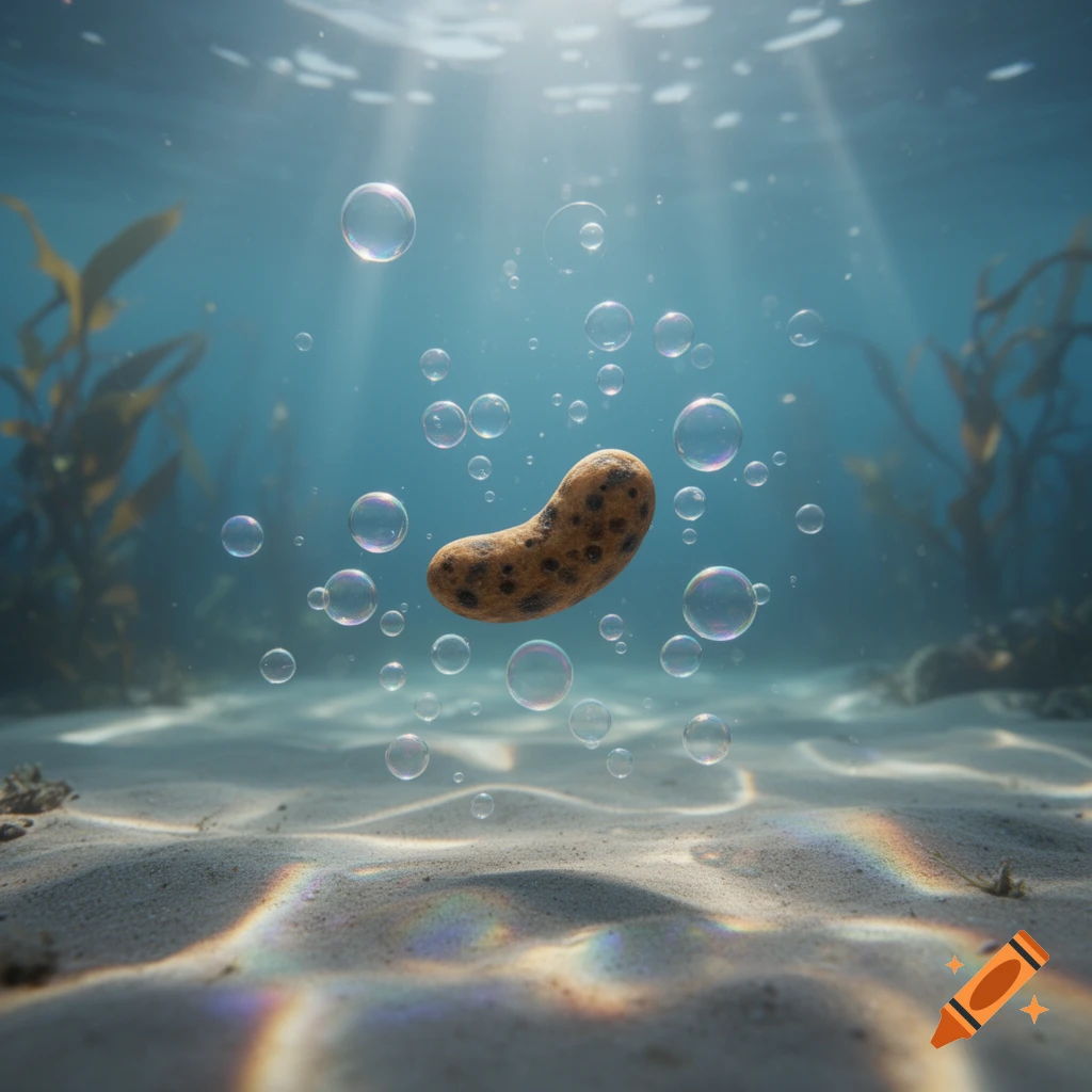 A textured, peanut-shaped object floats among numerous bubbles in a sunlit underwater scene, with sand and kelp visible below.