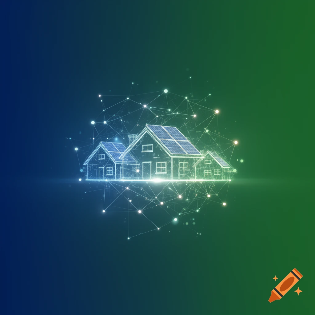 Abstract digital art showing glowing wireframe houses with solar panels connected by a network of lines and nodes, on a blue-green gradient background.
