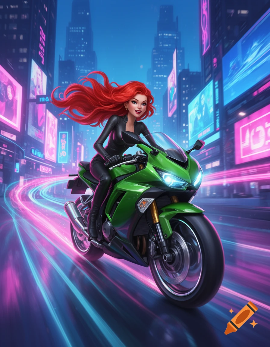 An anime-style woman with flowing red hair in a black suit rides a green sport motorcycle through a neon-lit futuristic city at night.