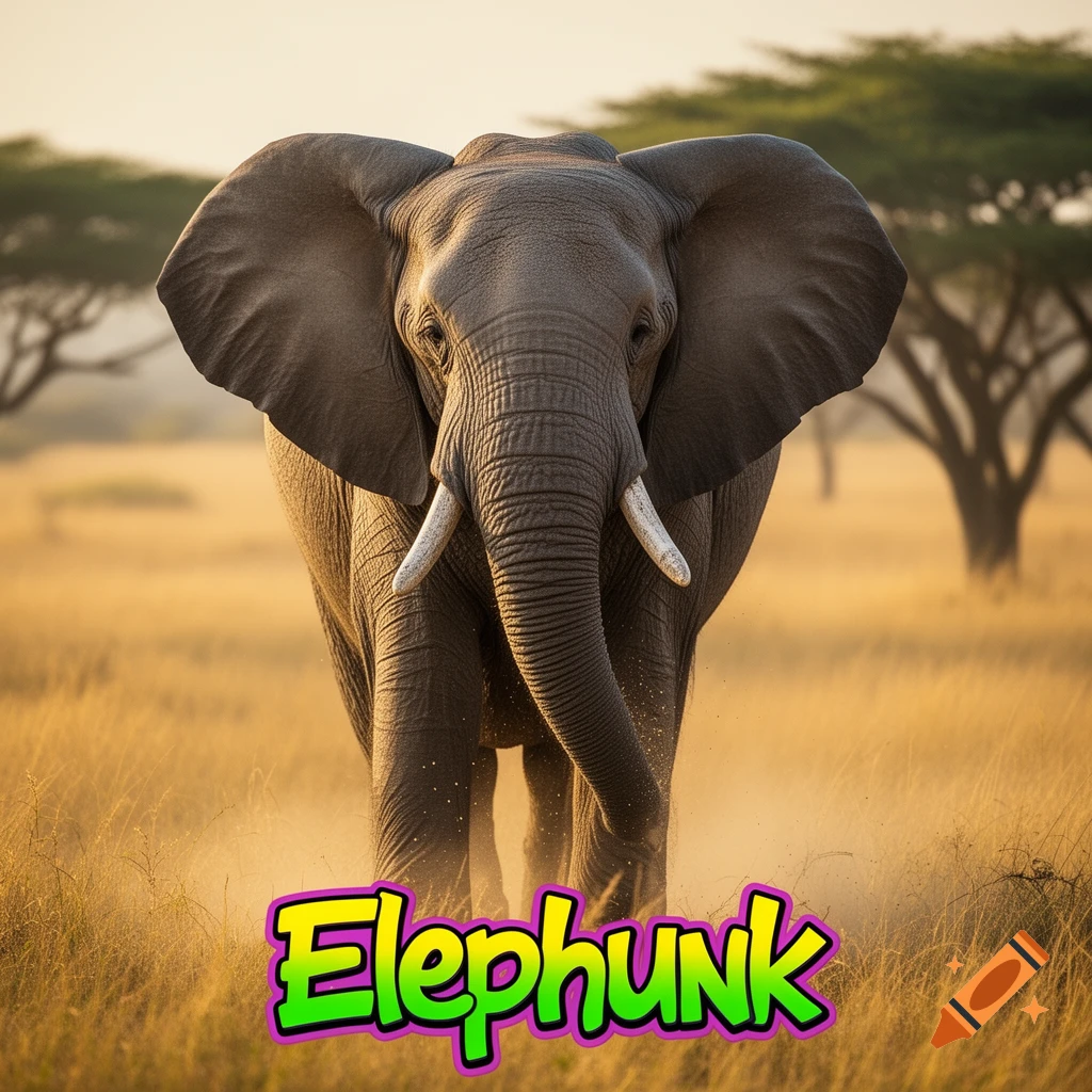A photorealistic elephant with large ears and tusks walks through a golden savanna, with the stylized text "Elephunk" at the bottom.