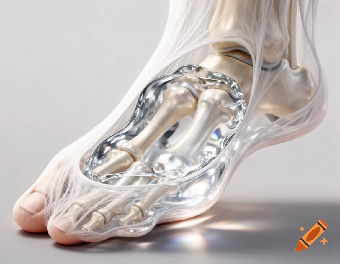Anatomical cross-section of a human foot showing bones and a clear, reflective gel inside a translucent membrane.