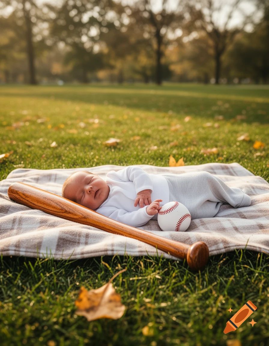 A sleeping baby lies on a plaid blanket in a grassy park, a baseball bat and ball resting beside them.