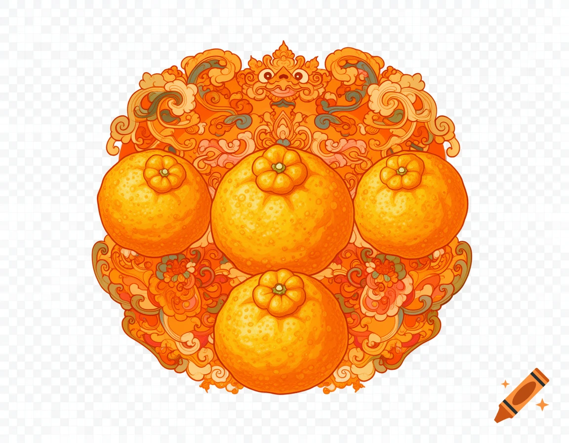 Four stylized orange yuzu fruits centered on an intricate, warm-toned Tibetan ornamental design, on a transparent background.