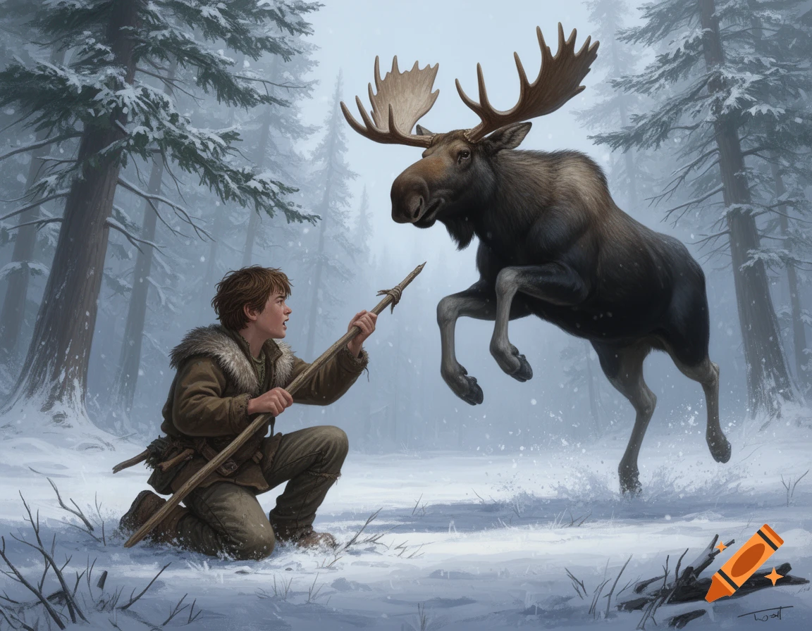 A boy kneels in a snowy forest, holding a spear, confronting a large moose jumping towards him in a realistic illustration.