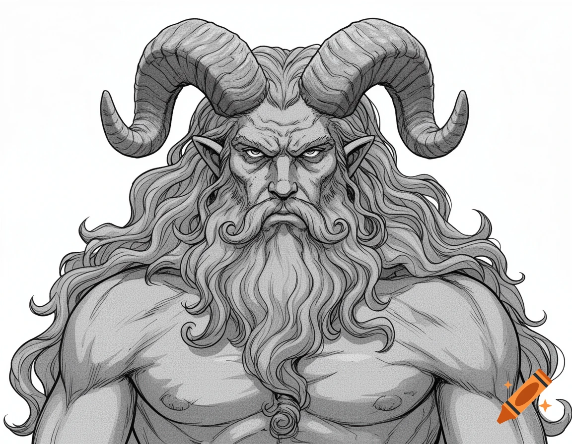 Grayscale manga sketch of the upper body of a horned, bearded man with long wavy hair and an angry expression.
