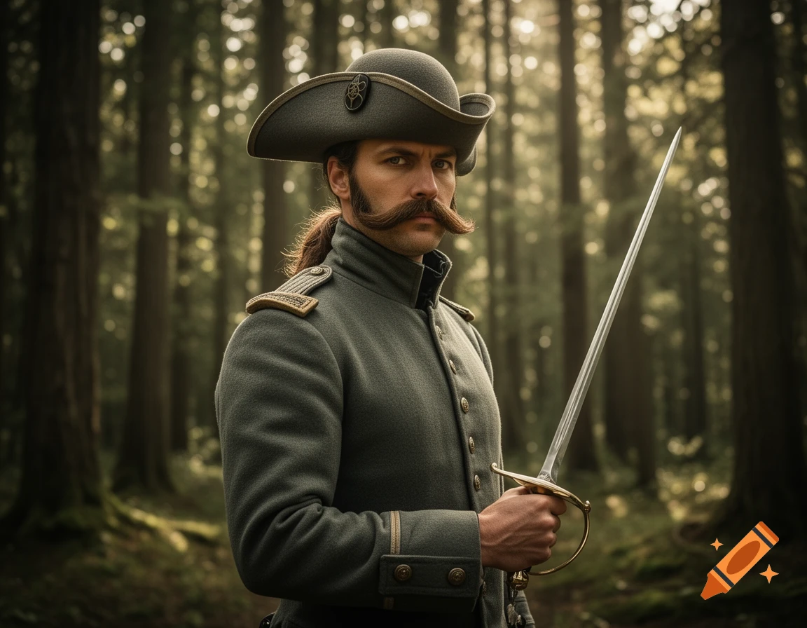 A man with a dramatic mustache and long hair, wearing a dark green ...