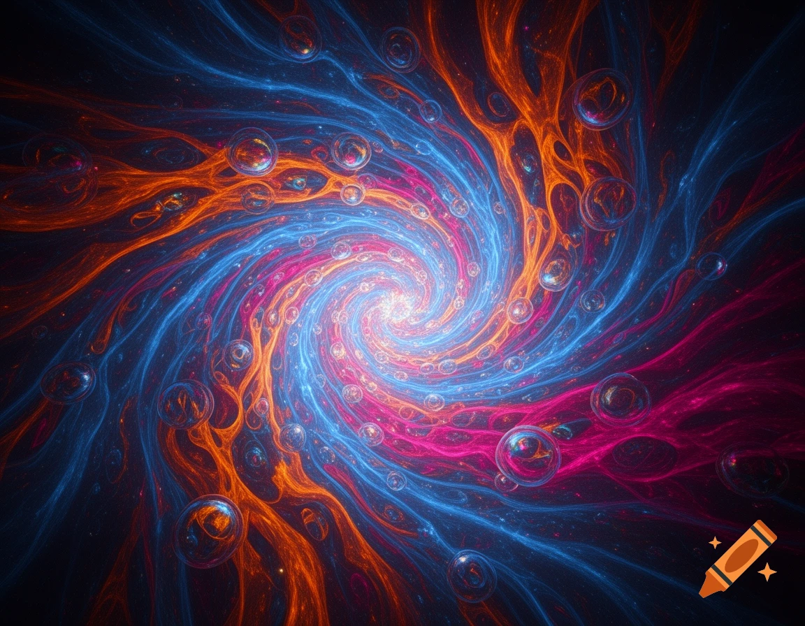 A vibrant abstract fractal swirl of blue, orange, and pink light with numerous bubbles.