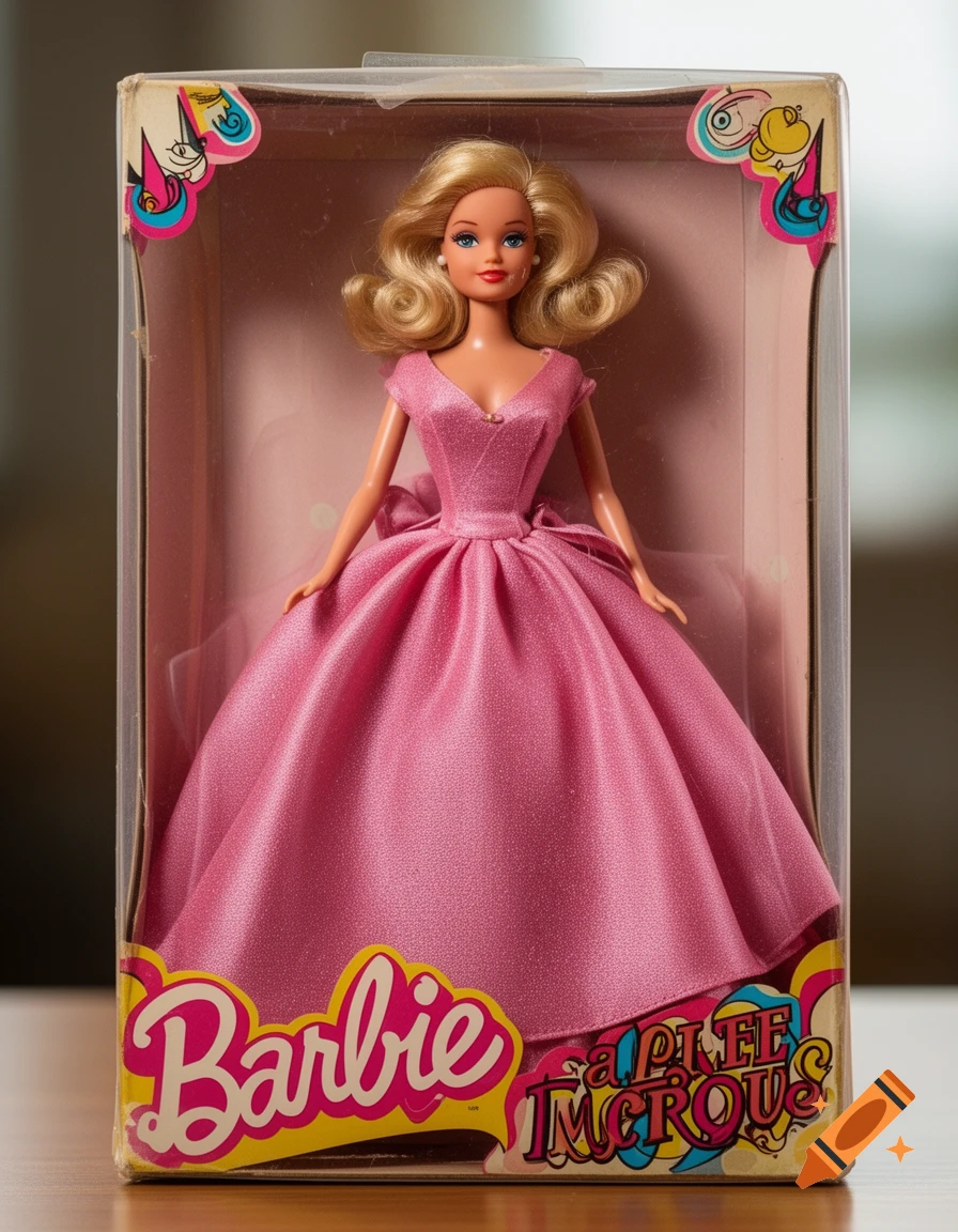 A vintage Barbie doll with blonde hair, wearing a sparkly pink ballgown, displayed in its original cardboard and plastic box.