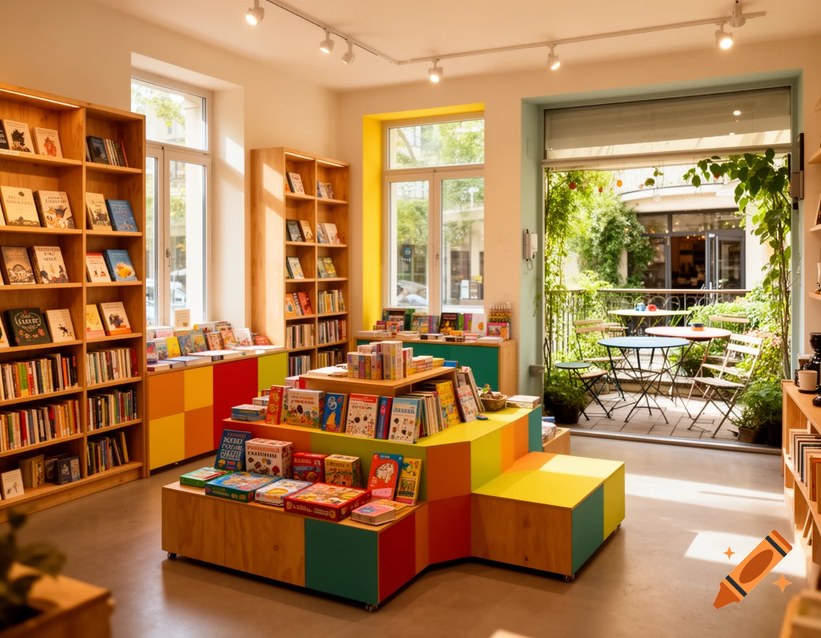A bright and cozy bookstore with colorful displays of books, shelves, a cafe counter, and an outdoor terrace with tables and chairs.