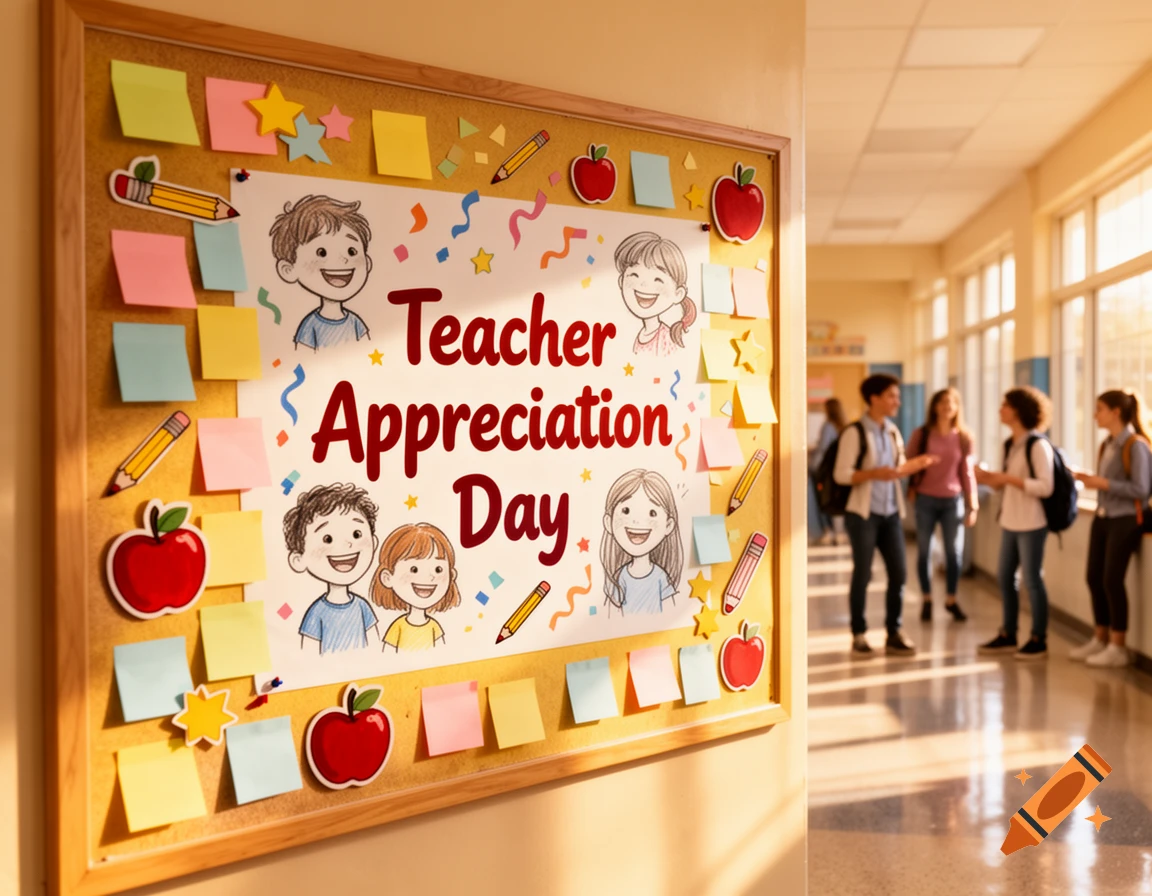 A school bulletin board with 'Teacher Appreciation Day' text, student drawings, apples, and sticky notes in a bright hallway.