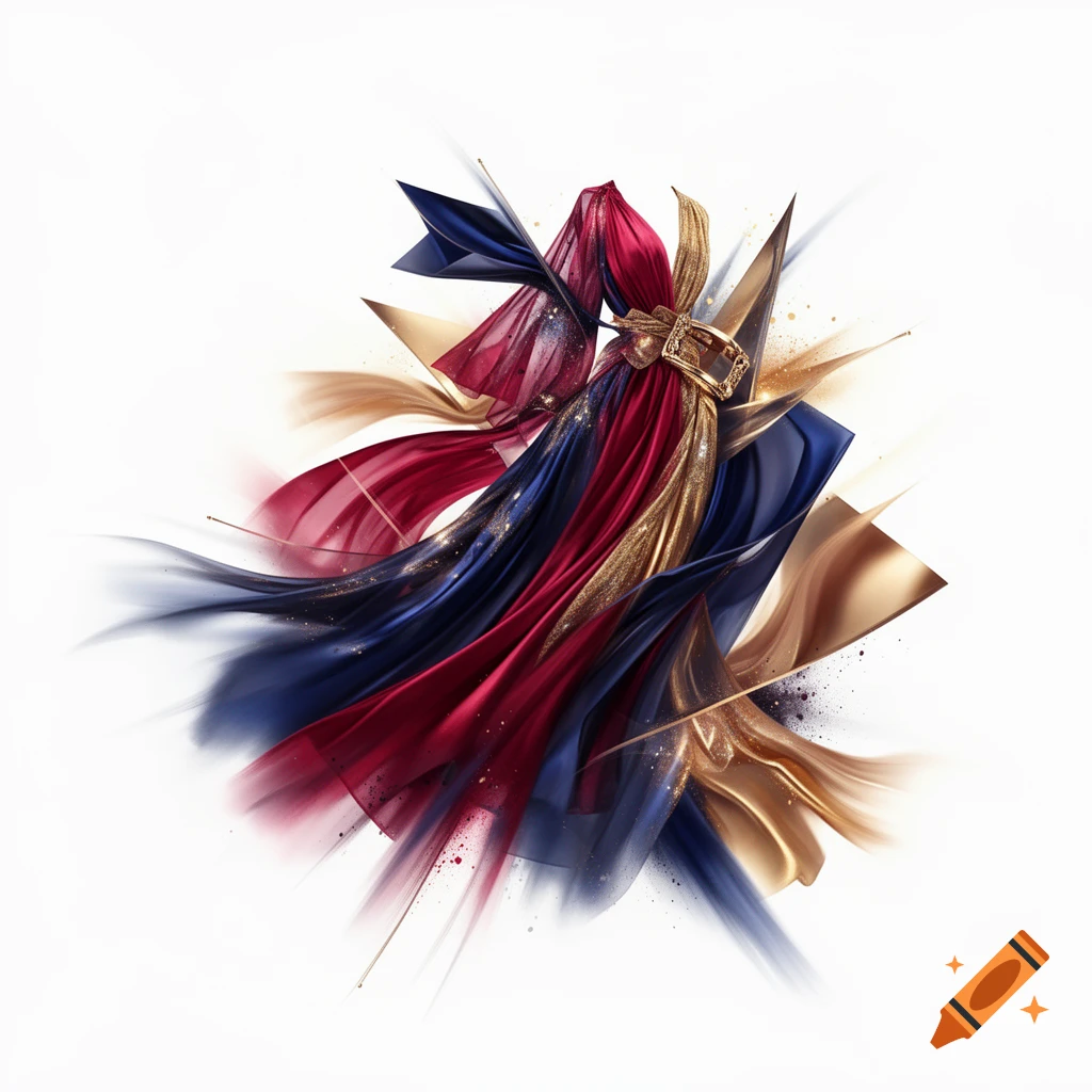 Abstract flowing red, blue, and gold fabrics with metallic accents and glitter on a white background.