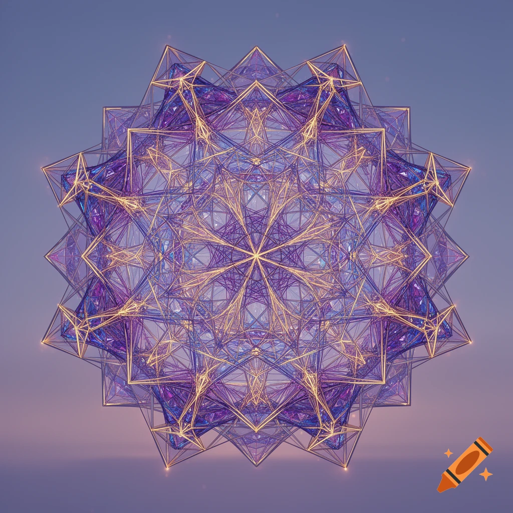 An intricate, symmetrical geometric structure composed of purple, blue, and glowing gold lines, set against a soft gradient background.