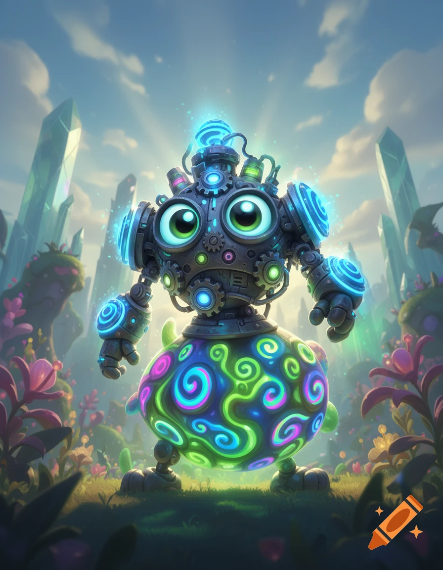A vibrant, cartoon Wubbox-like robot with glowing blue parts and a neon swirled body stands in a fantasy landscape with crystals and alien plants.