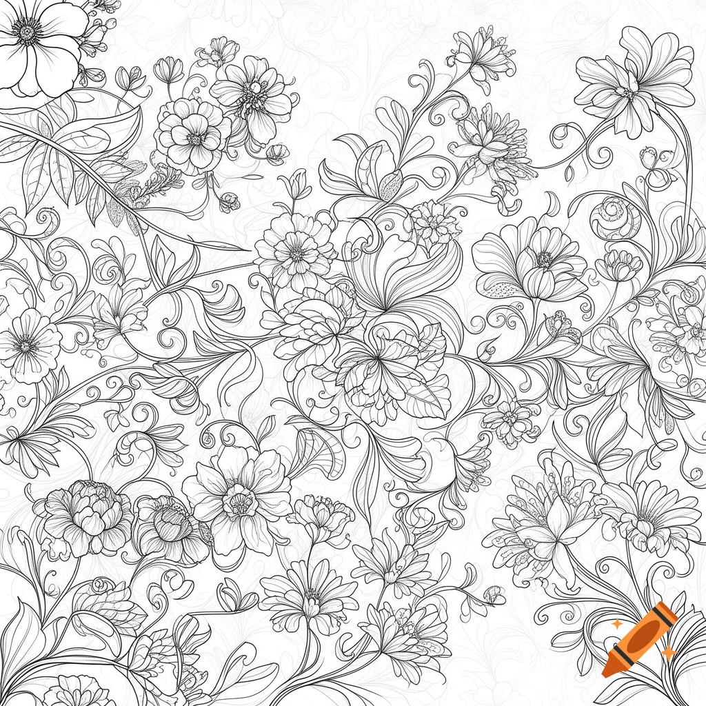 Intricate black and white line art pattern of various flowers and swirling foliage, ready for coloring.