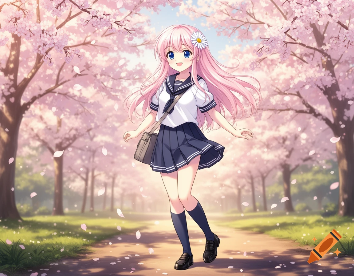 A smiling anime girl with pink hair and a daisy in her hair, wearing a school uniform, walks happily through a cherry blossom park.
