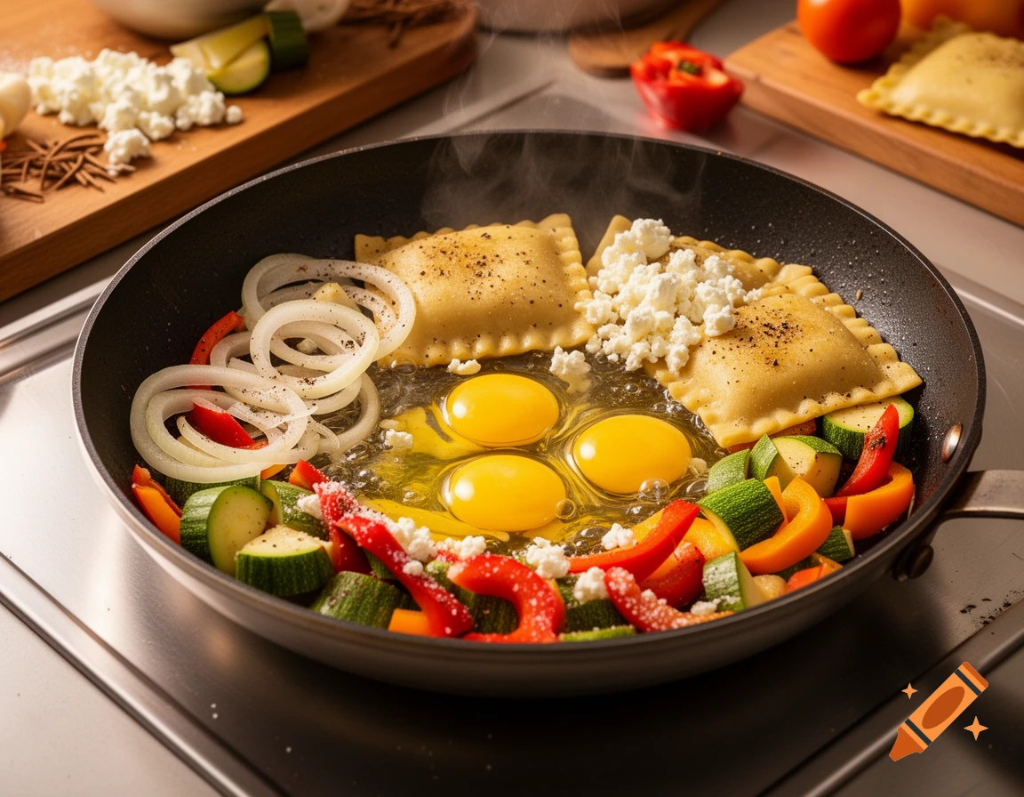 A close-up shot of eggs, zucchini, bell peppers, onions, and ravioli-like pasta cooking in a black frying pan, with feta cheese sprinkled on top. Background shows more ingredients on a wooden board.