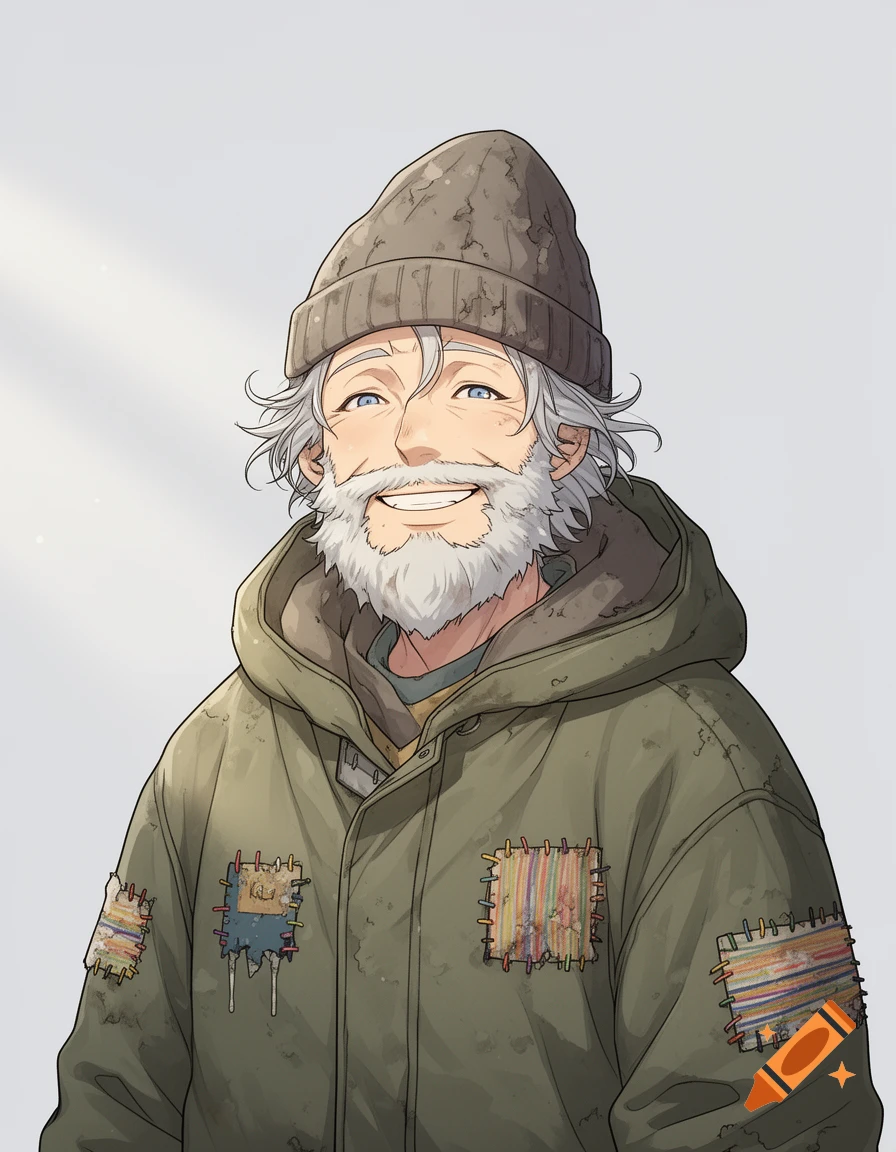 An anime illustration of a smiling older man with white hair and beard, wearing a patched green jacket and a beanie, against a pale grey background.