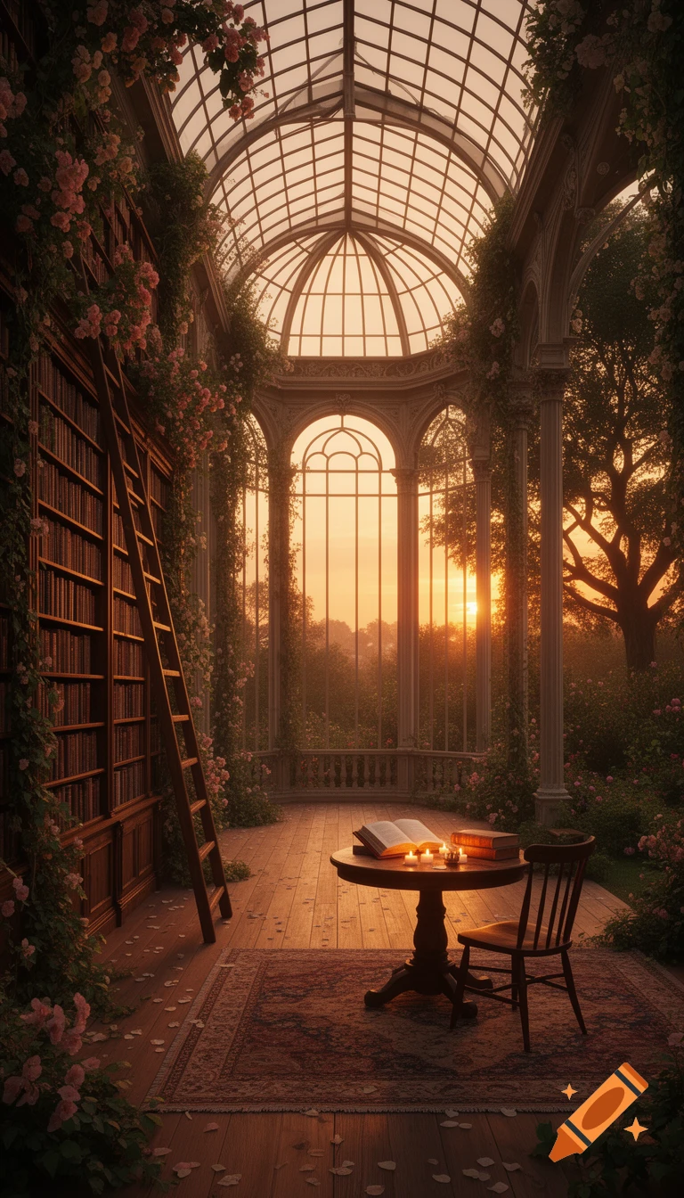 Photorealistic image of a library in a glass conservatory at sunset, with bookshelves, vines, a table with books and candles.