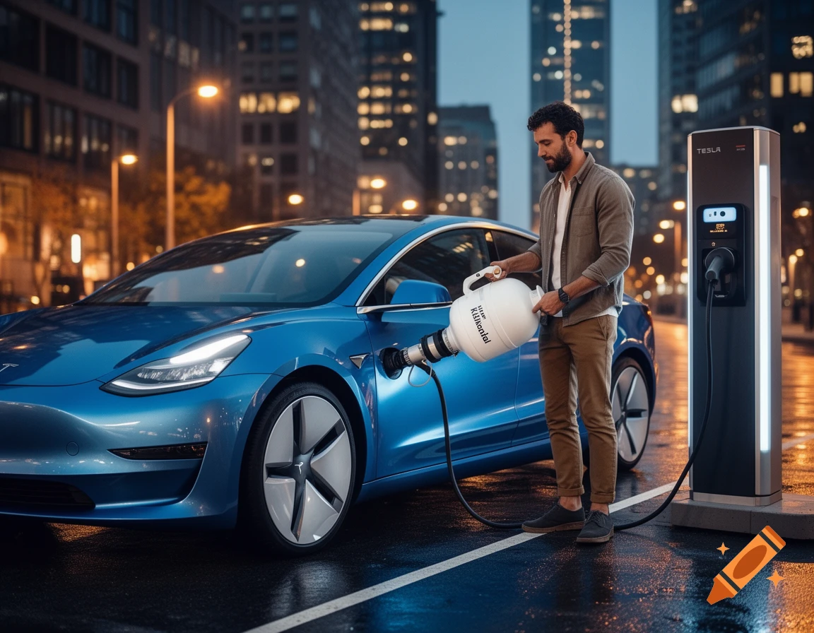A man in a city at night uses a white canister labeled "Kühlöntal" to 'charge' a blue Tesla electric car connected to a charging station.