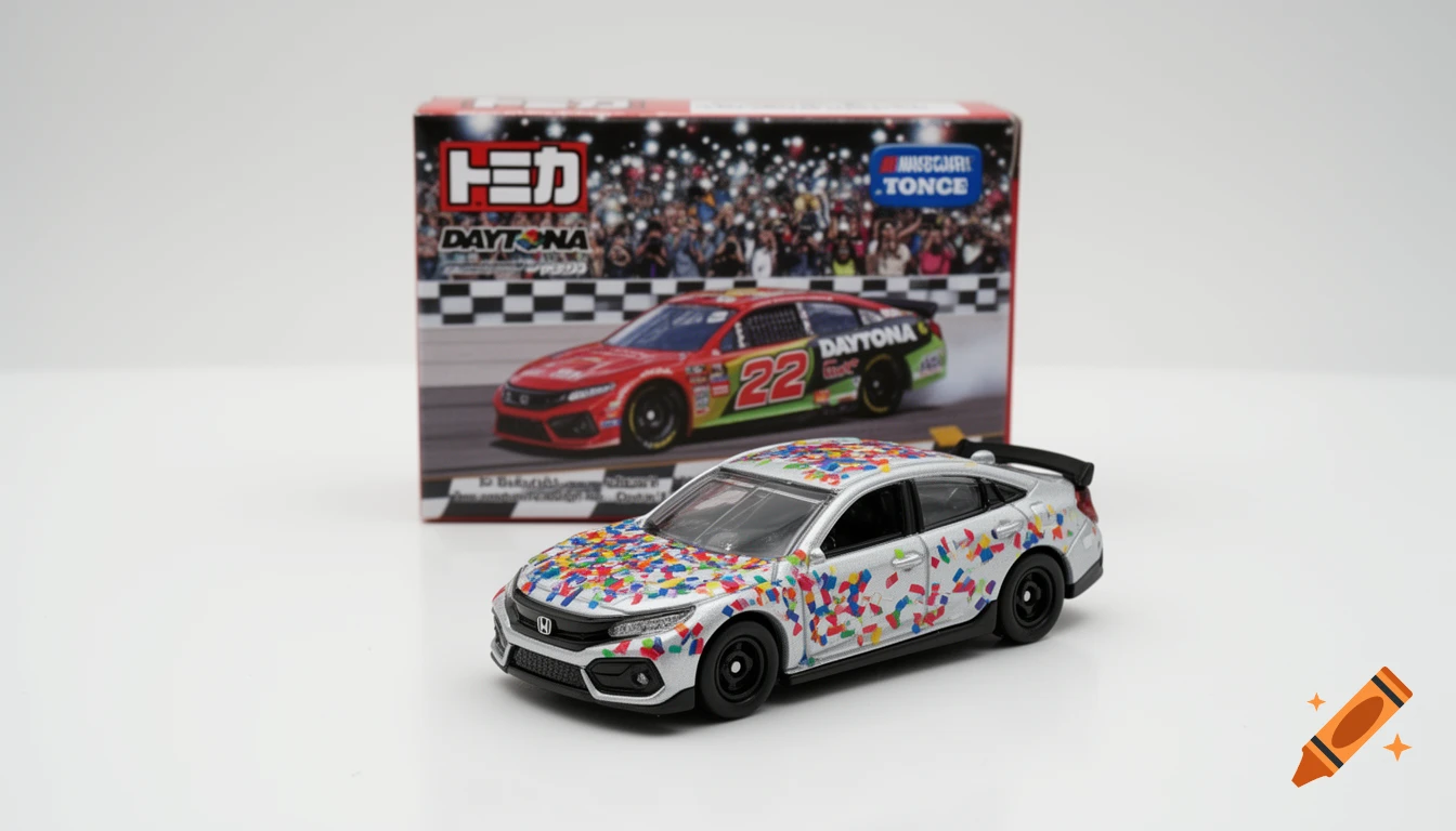 A silver diecast Honda Civic toy car with colorful confetti stickers, in front of its display box featuring a red NASCAR racing car on a track.