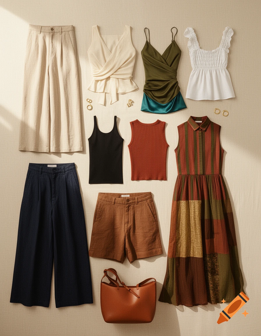 An overhead flat lay photo of a warm-toned summer capsule wardrobe. Items include beige, navy, and brown pants and shorts, various tops, a patchwork dress, a leather bag, and gold jewelry.