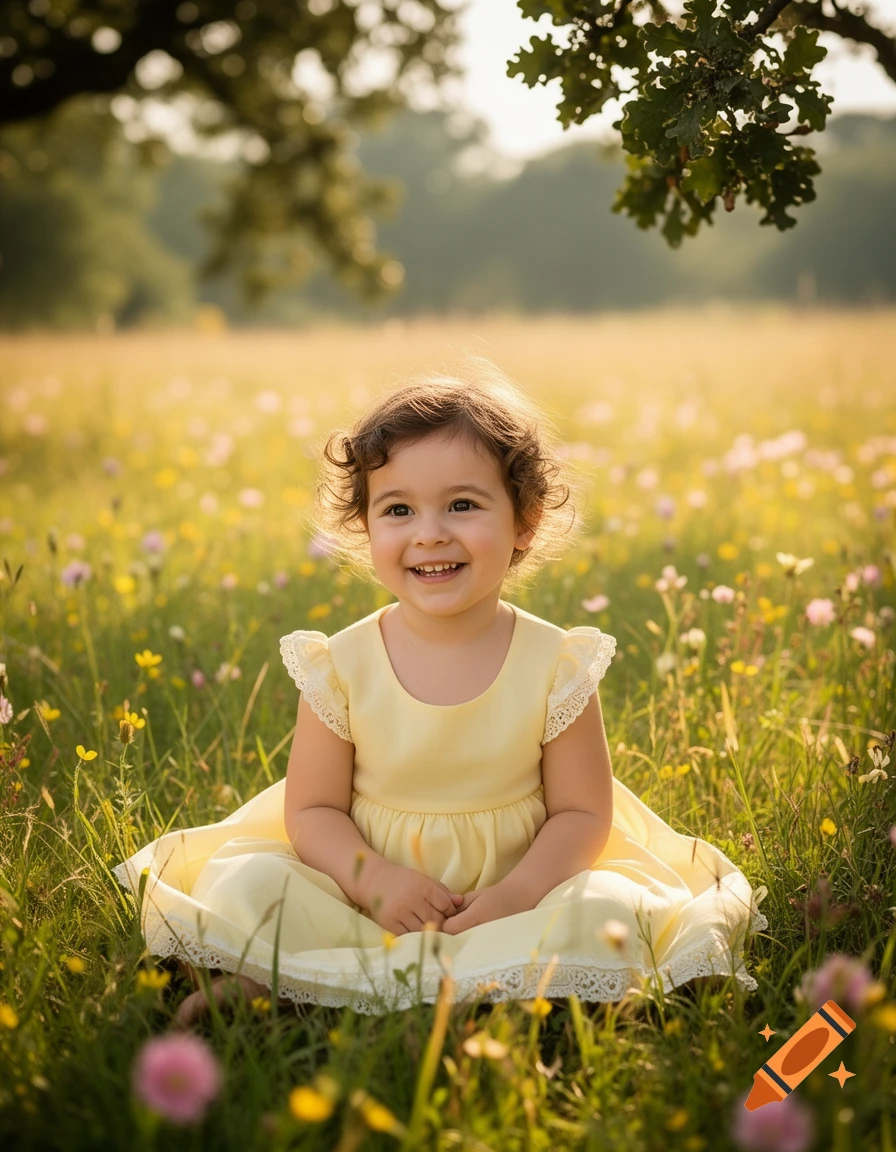 A smiling young girl with curly hair in a yellow dress sits in a sunny field of wildflowers under a tree.