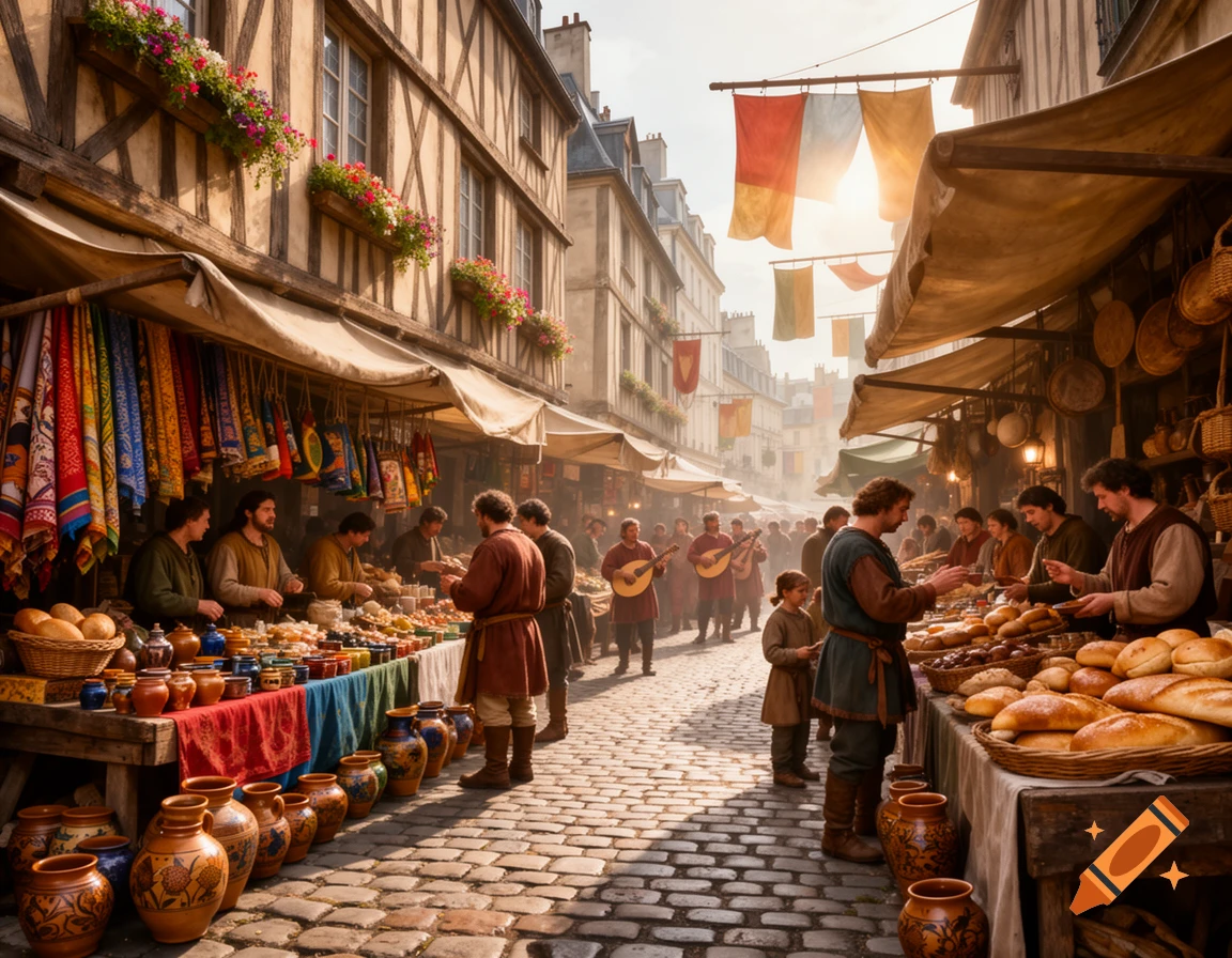 A bustling medieval outdoor market in Paris with cobblestone streets, vendors selling bread and pottery, and musicians.