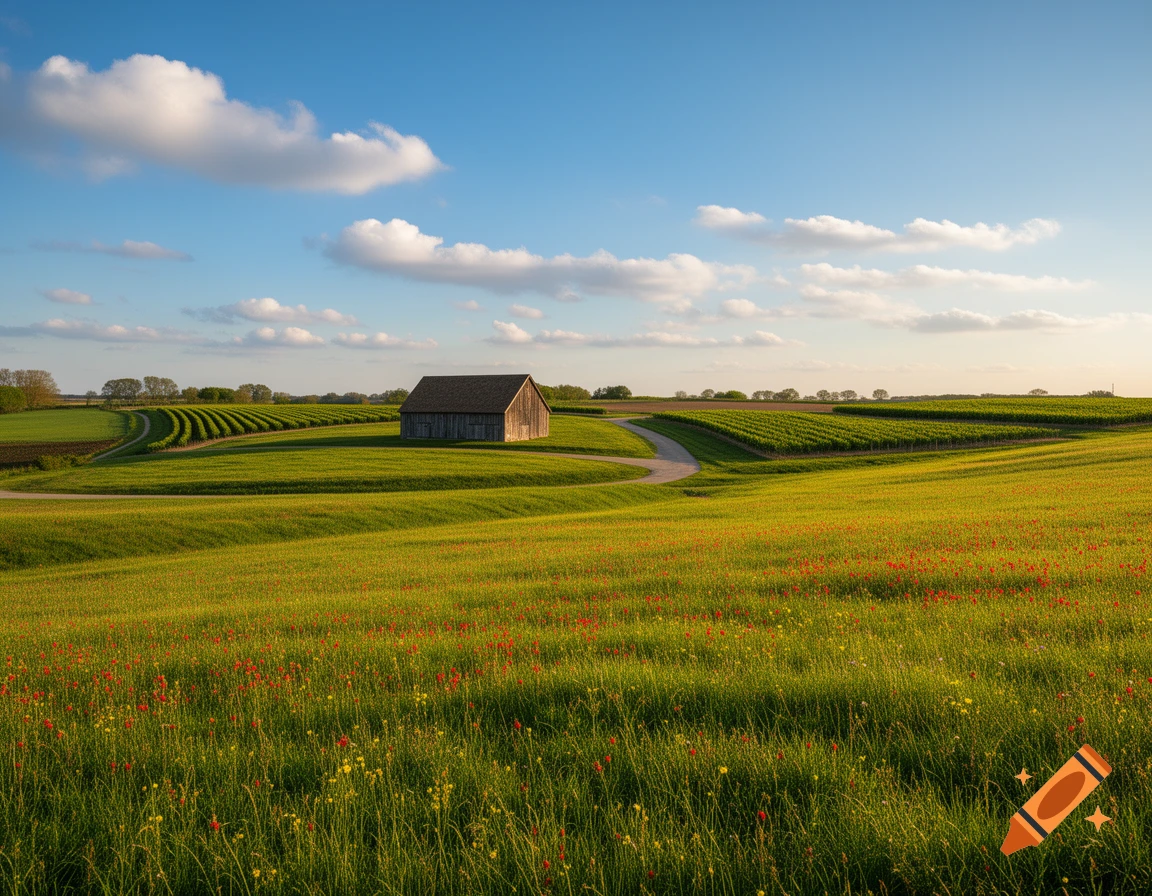A weathered wooden barn in a vibrant green field with red and yellow wildflowers, a winding path, and a blue sky with white clouds.