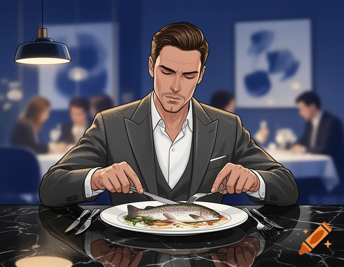 Stylized drawing of a man in a suit eating a trout dish at a restaurant.