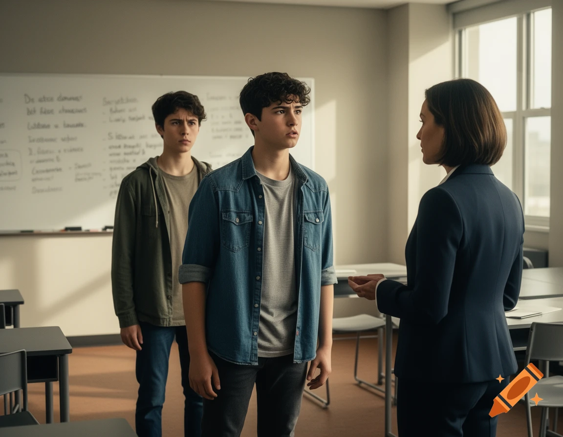 Two teenage boys looking unsure as they talk to a female teacher in a modern, photorealistic classroom.