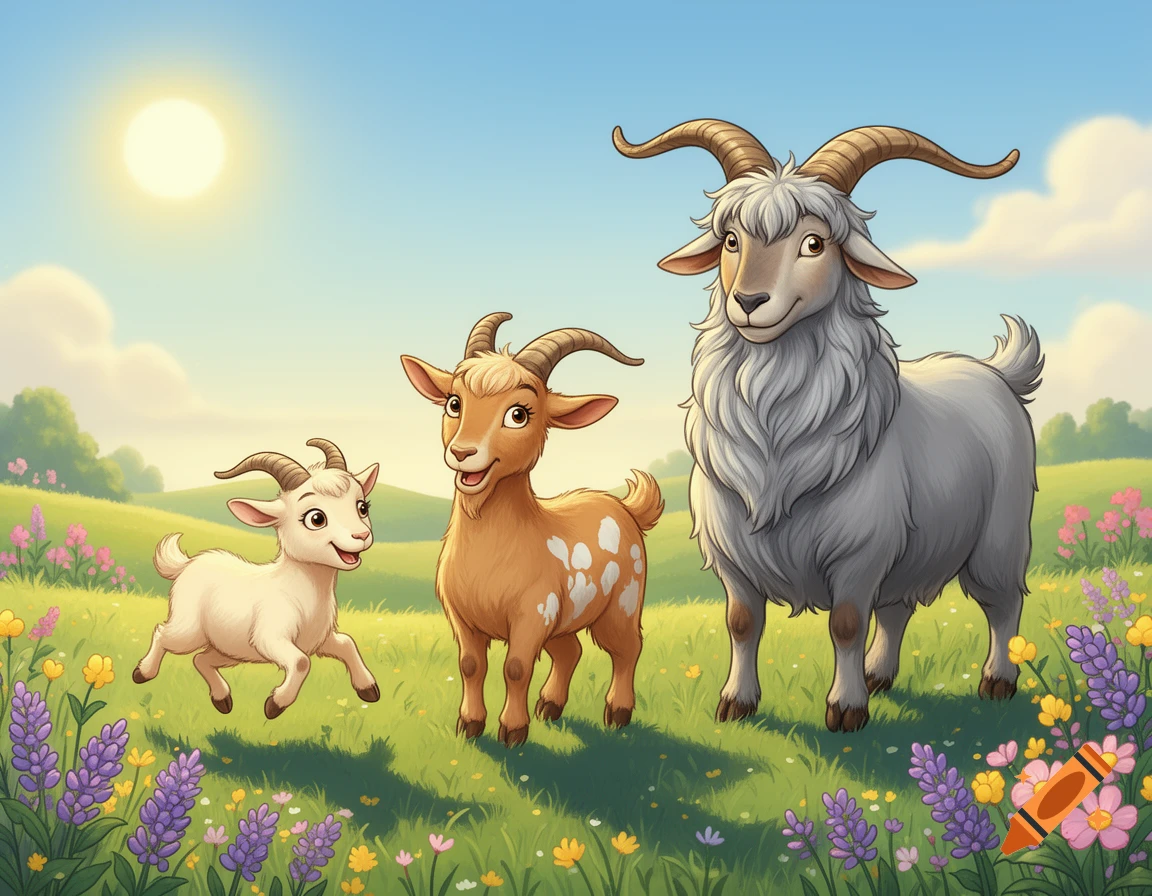 A cartoon illustration shows three goats of different sizes standing in a sunny, flower-filled green field under a blue sky.