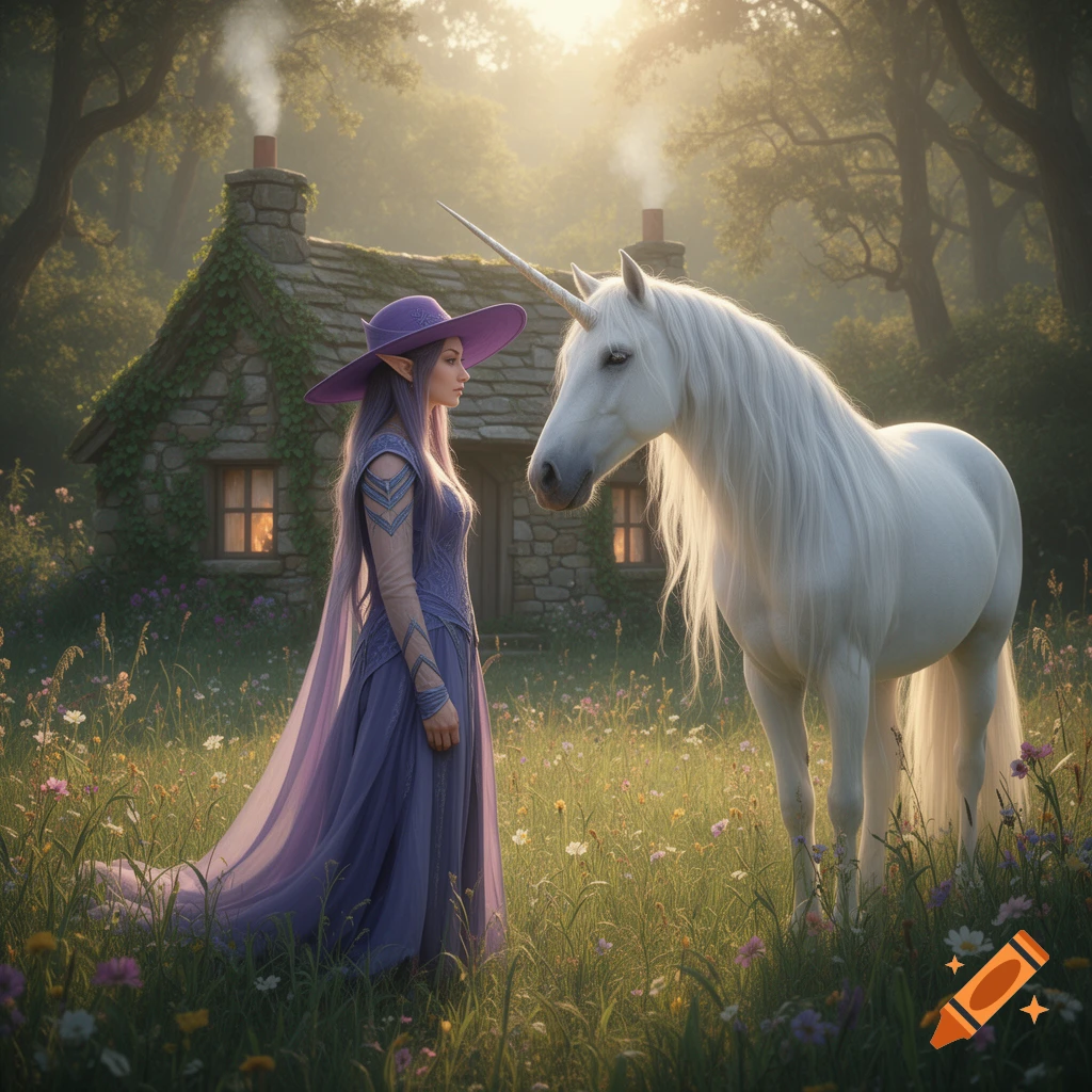 An elf in a purple dress and hat faces a white unicorn in a sunny, wildflower meadow with a cottage.