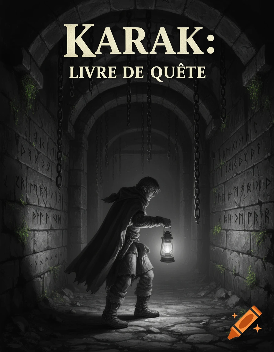 A hooded character explores a dark dungeon with a lantern, featured on a book cover titled 'KARAK: LIVRE DE QUÊTE'.