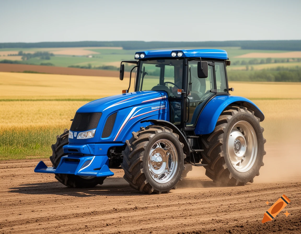 A blue racing-style tractor kicks up dust on a dirt road in a field with golden crops.