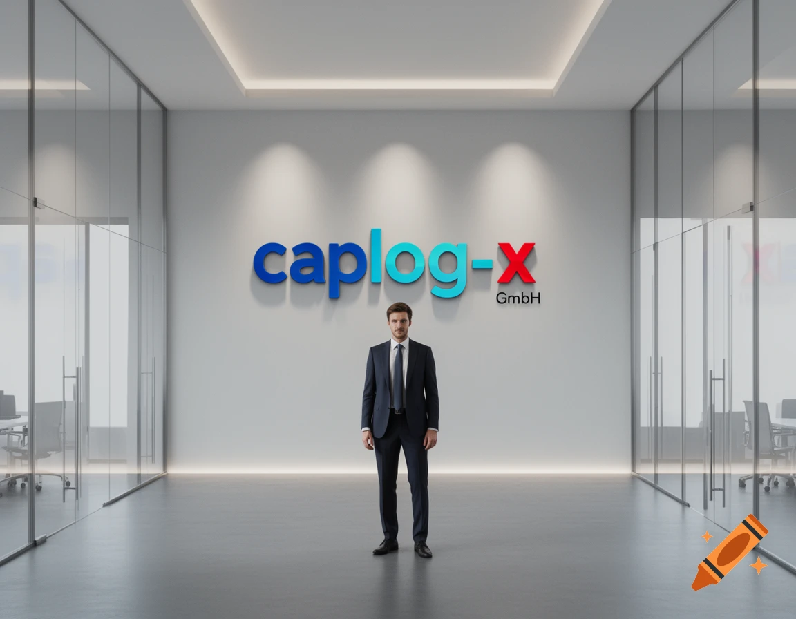 A businessman in a suit stands in a modern office lobby with a blue and red "caplog-x GmbH" logo on the white wall behind him.