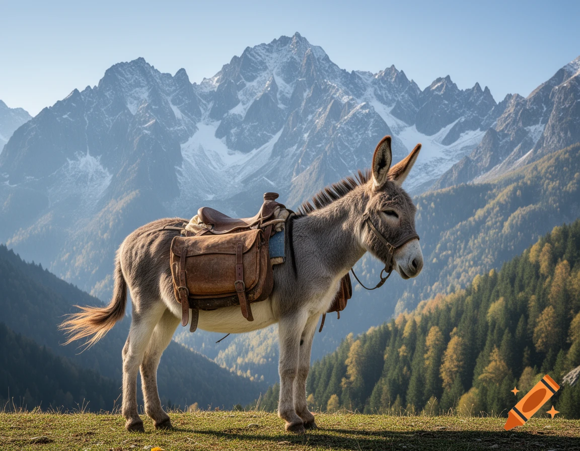 A pack donkey stands on a grassy hill with snow-capped mountains and a forest in the background under a clear sky, photorealistic.