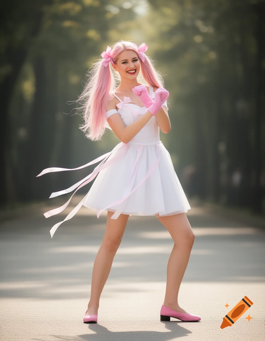 A smiling young woman with pink pigtails and a white dress in a playful fighting pose outdoors.