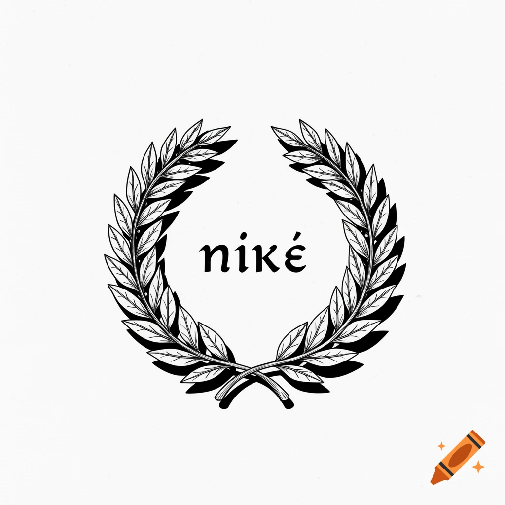 A black and white illustration of a laurel wreath encircling the Greek word " νικέ".