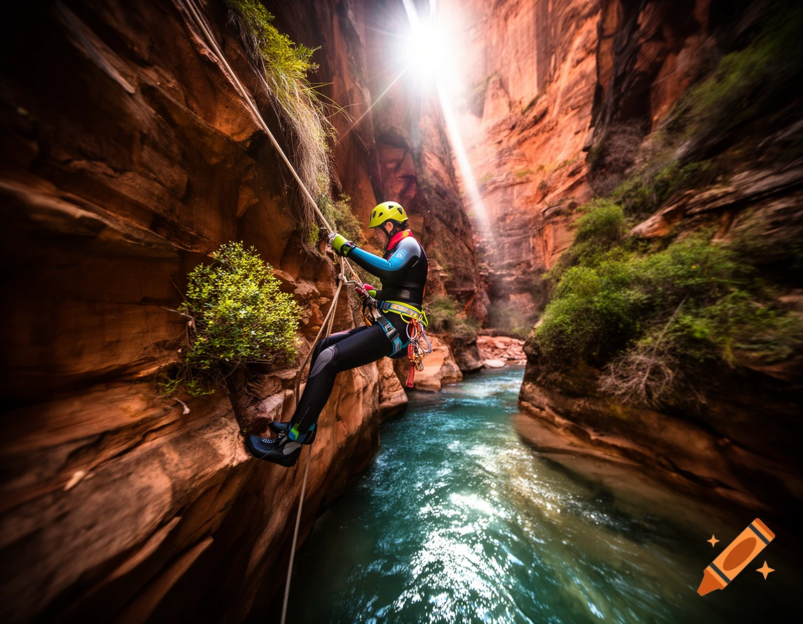 A person in a wetsuit and helmet rappels down a sunlit canyon wall into a blue-green river, photorealistic.
