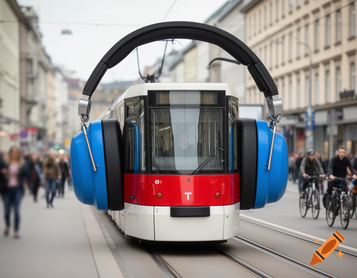 A white and red tram with huge blue and black headphones on it, sitting on tracks in a busy city street.