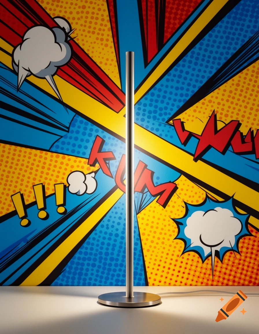 A sleek, minimalist silver lamp stands on a white surface, casting light downwards. Behind it is a vibrant pop art style background with comic book speech bubbles and sound effects in red, blue, and yellow.