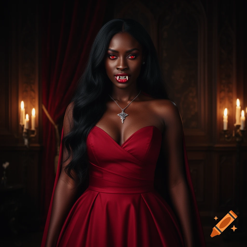 Photorealistic portrait of a black female vampire with red eyes and fangs, wearing a red strapless dress and a silver cross necklace, in a dark gothic room.