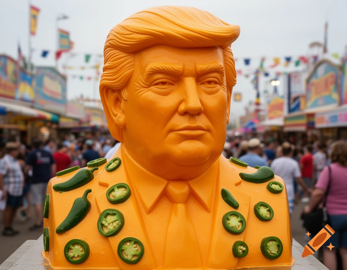 A bust of Donald Trump made of orange cheese or butter, decorated with jalapeños, at a bustling state fair.