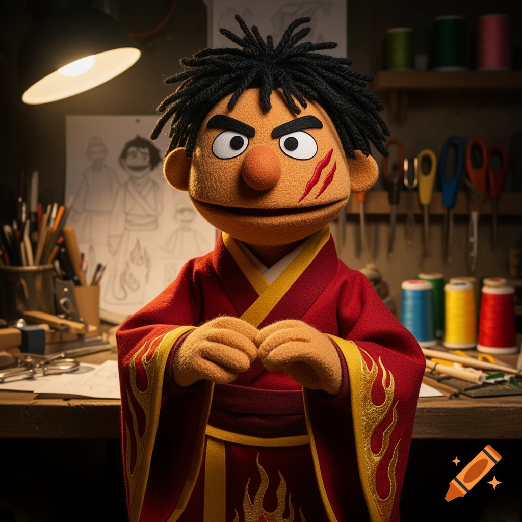 A Zuko-inspired puppet with black dreadlocks and a scar, wearing a red and gold robe, stands in a warmly lit workshop.