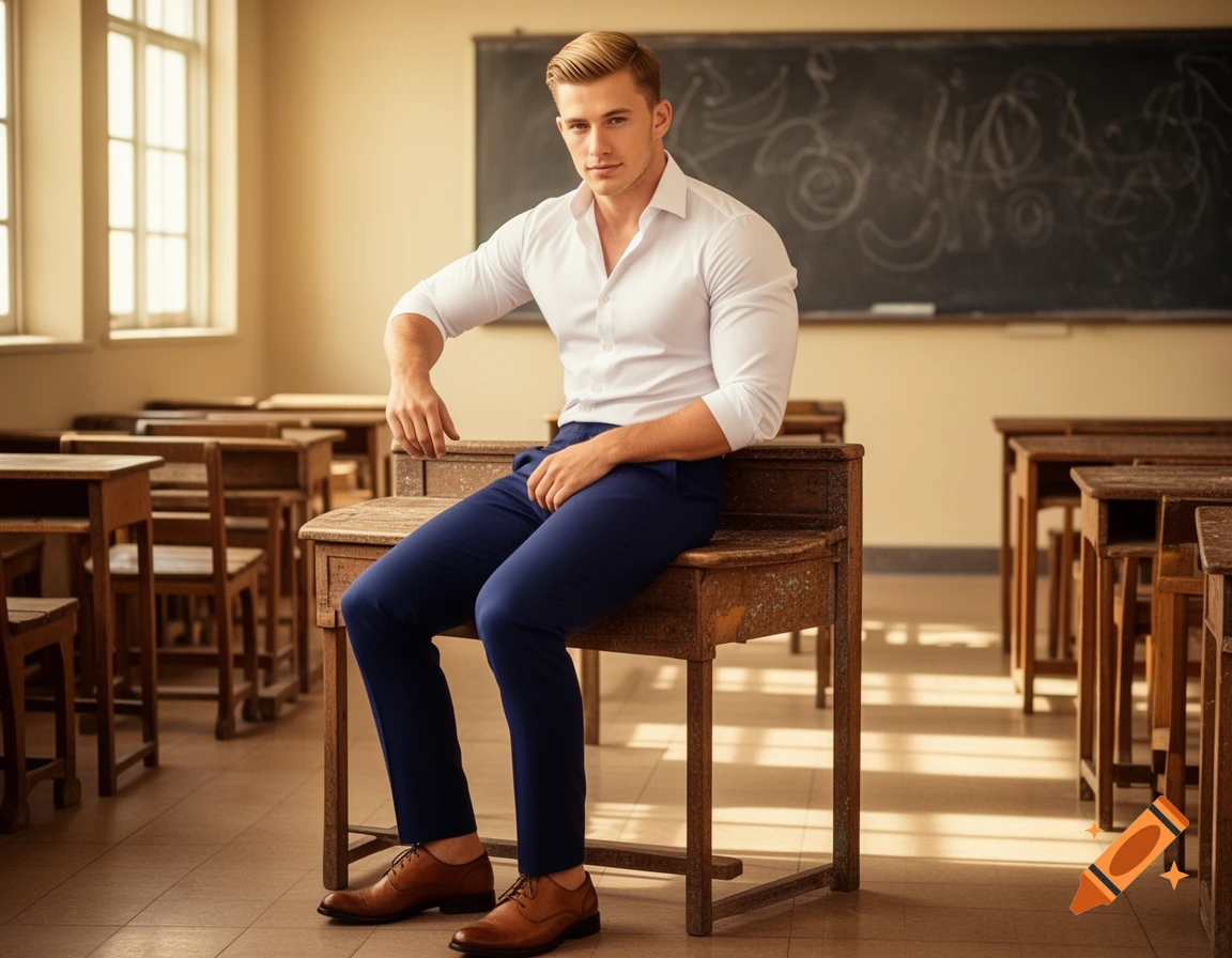 Handsome young man with blond hair in a white shirt and blue pants sitting on a wooden school desk in a classroom, looking at the camera.