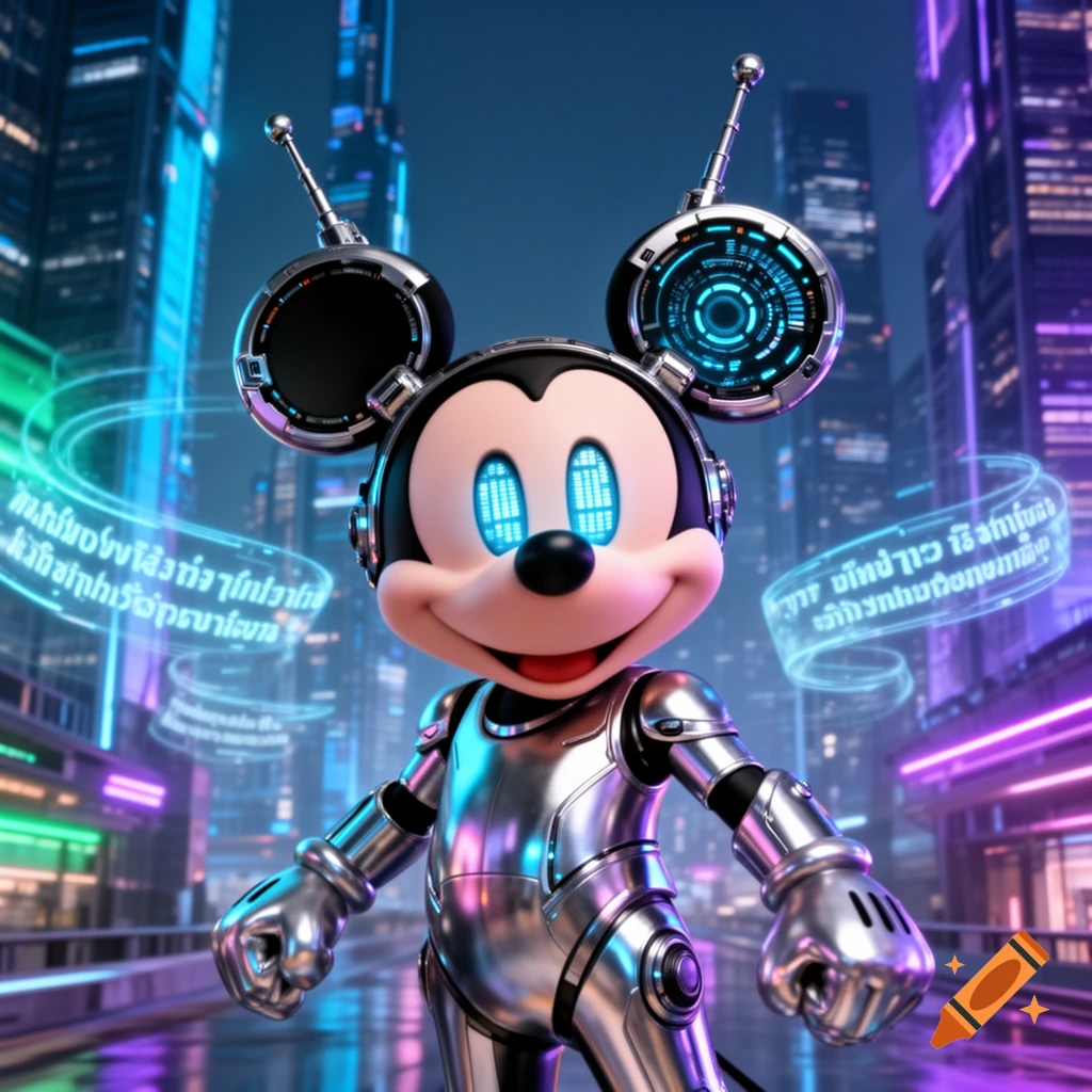A metallic Mickey Mouse with glowing blue eyes and ear antennae stands in a neon-lit cyberpunk city.
