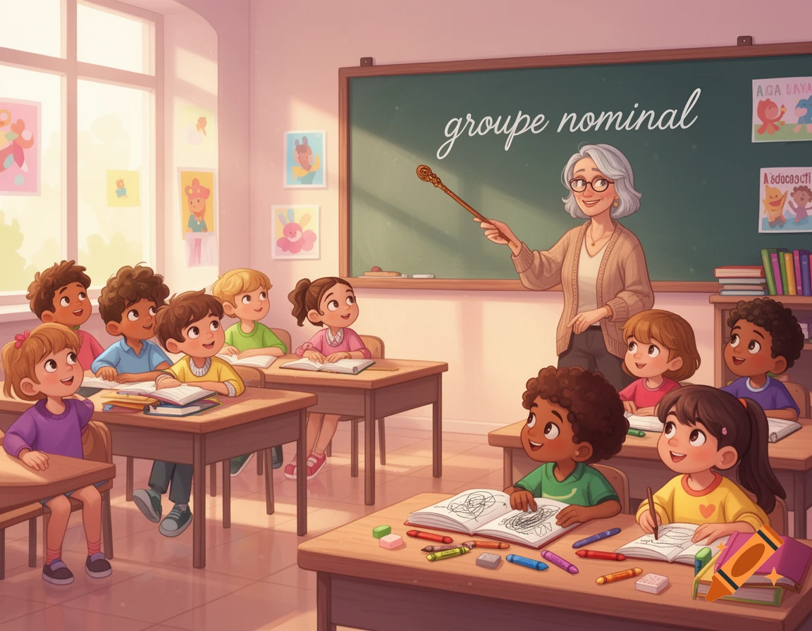 An animated illustration of a diverse group of young students in a bright classroom, looking towards a smiling female teacher pointing at a blackboard that says "groupe nominal".