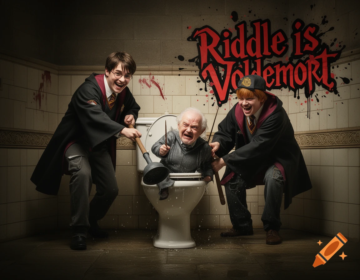 Harry Potter and Ron Weasley laughing as they plunge an angry Professor Flitwick into a toilet. Graffiti "Riddle is Voldemort" on the tiled wall.