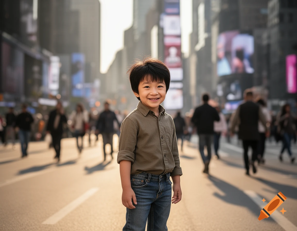 A smiling young boy with dark hair and a collared shirt stands on a sunny city street with blurred buildings and people in the background, looking at the camera in a photorealistic style.